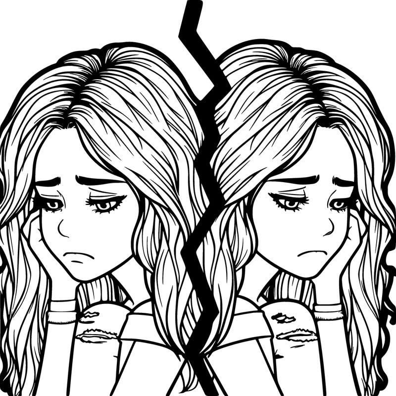 depressed realistic girl split in two