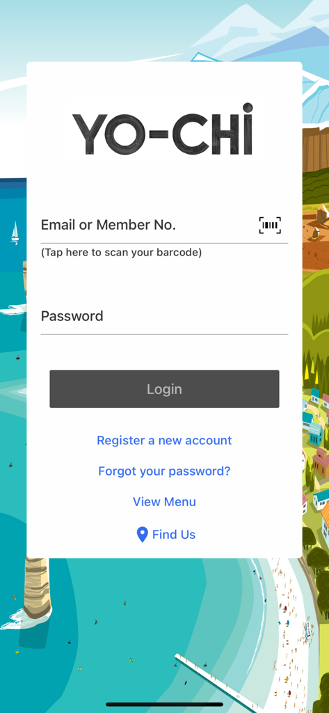 YoChi app login screen with email and password fields over a coastal illustration background