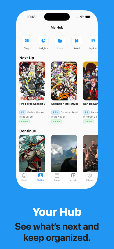 Watchlistfy: Track & Discover - Watchlistfy app My Hub screen displaying tracked anime and video games progress