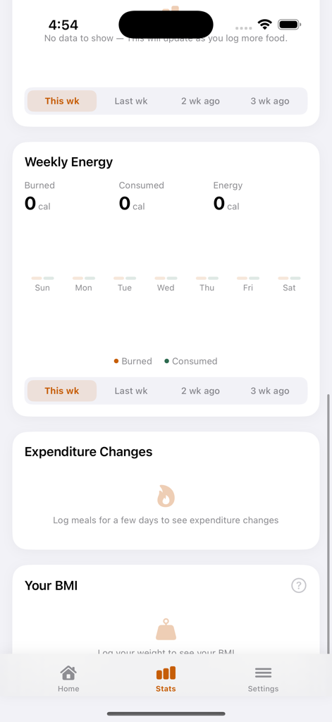 Interface of the AfriCal app showing weekly calorie tracking and BMI data sections