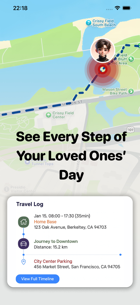 Phone Tracker by Number Locate - PhoneLoc app travel log interface showing real-time location tracking and movement history on a map