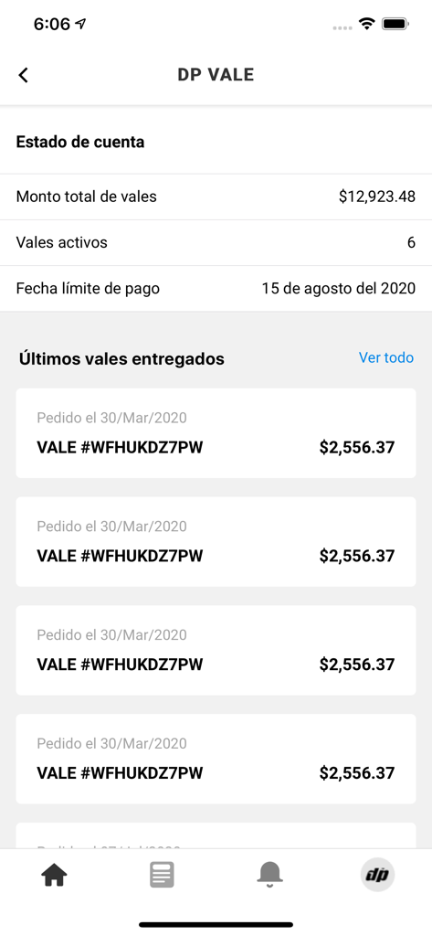 dp - Extracto de cuenta del crédito DP Vale en la app dp que muestra el saldo y las fechas de pago.