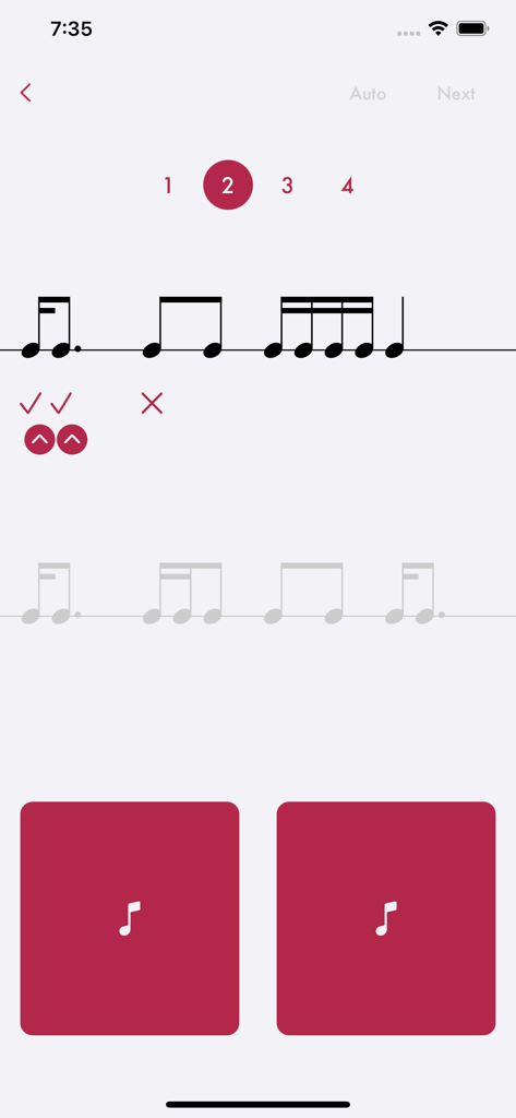 Rhythm Learning - Music rhythm practice screen with musical notes and interactive tapping pads