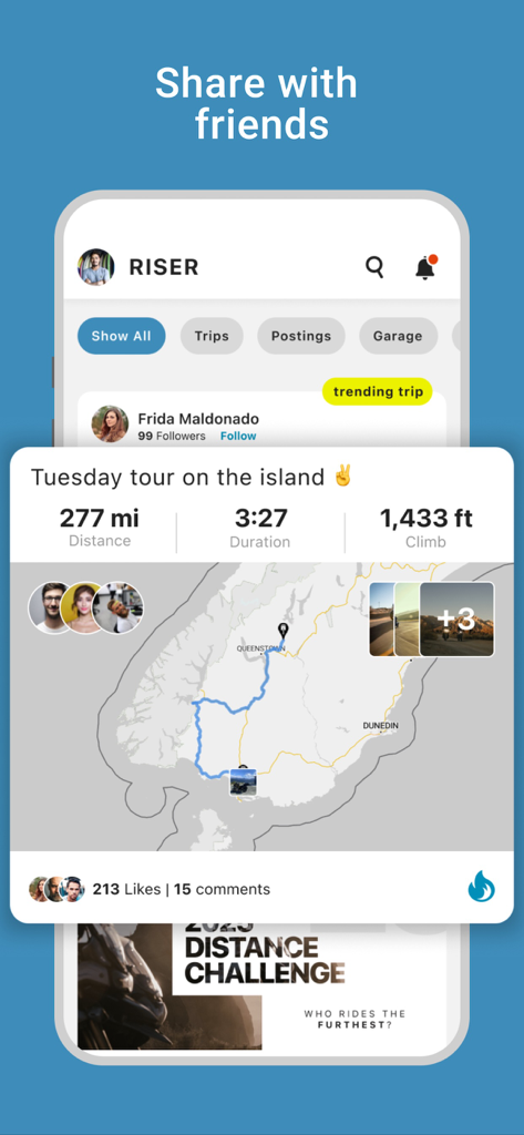 RISER - Motorcycle Routes - Interface of RISER app showing a motorcycle trip summary with a map distance and duration shared with friends