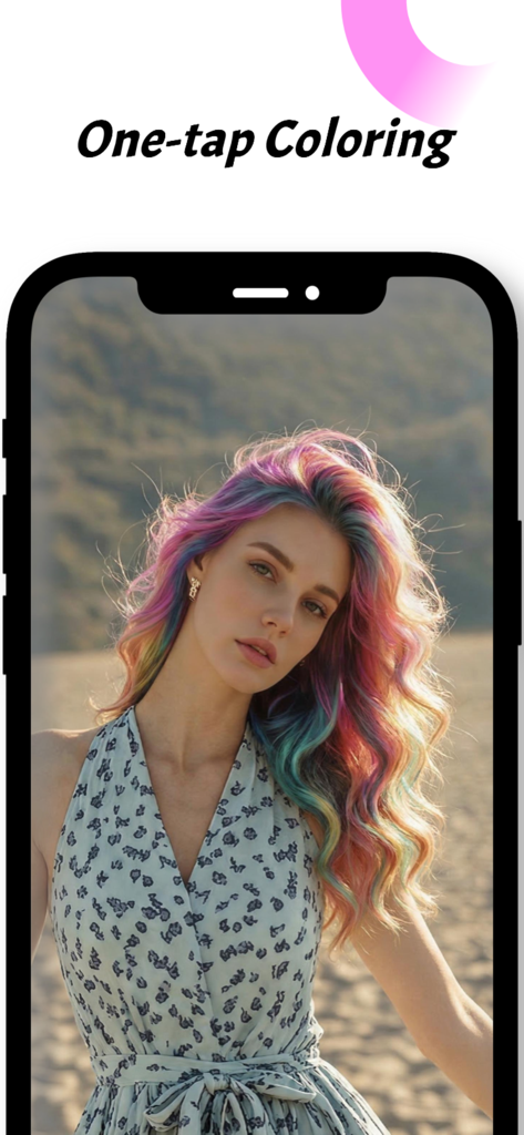 Hair Lab: Hair Style & Color - Woman with vibrant rainbow hair using Hair Lab app one tap coloring