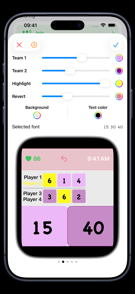 iPhone screen showing color and font customization settings for the Padel Watch Counter app.