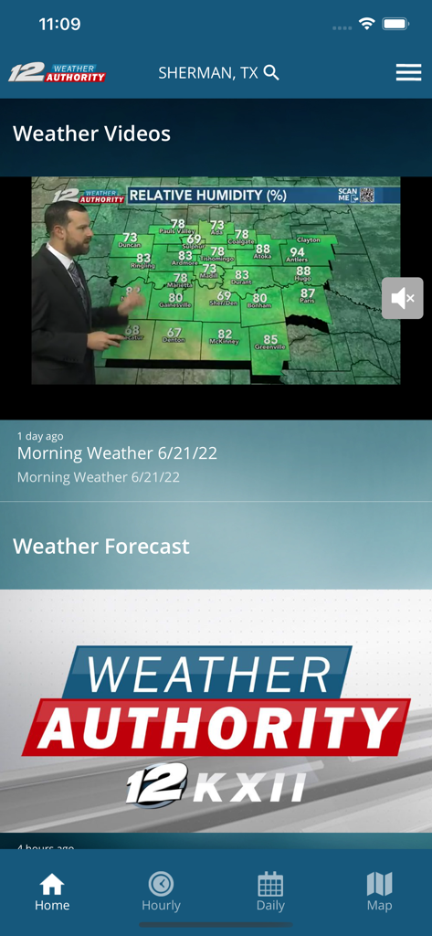 KXII Weather Authority App - KXII Weather Authority app home screen showing a meteorologist presenting a local weather video and the weather forecast section for Sherman Texas
