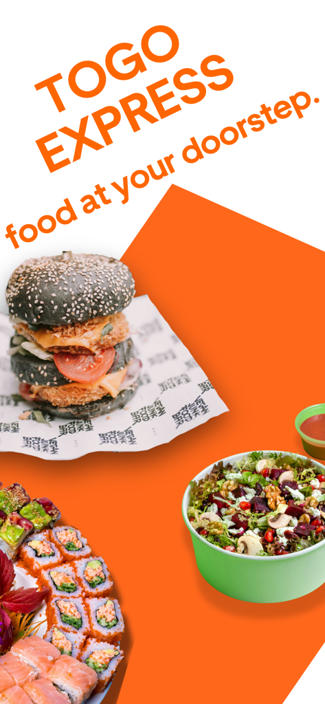 ToGo: Food Delivery - ToGo Express food delivery app showing a burger salad and sushi