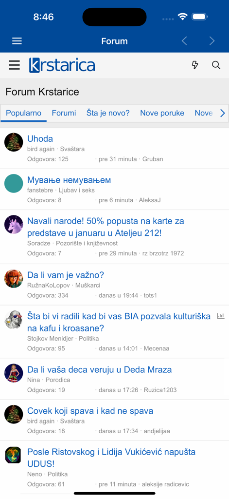Krstarica forum, vesti, zabava - Una lista de temas populares en el foro de Krstarica dentro de la aplicación móvil.