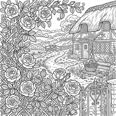 Immerse yourself in the rustic charm of a Cottagecore rose garden with this exquisite adult coloring page. Discover intricate details of blooming roses, a cozy cottage, and a peaceful countryside, perfect for mindful relaxation.