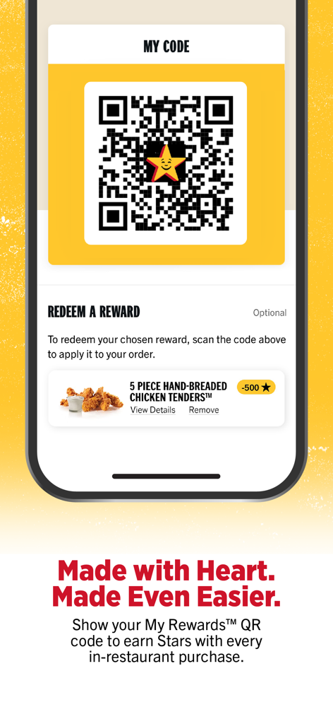 Hardee's Mobile Ordering - Hardee's mobile app screen showing a My Rewards QR code and an option to redeem five hundred stars for chicken tenders