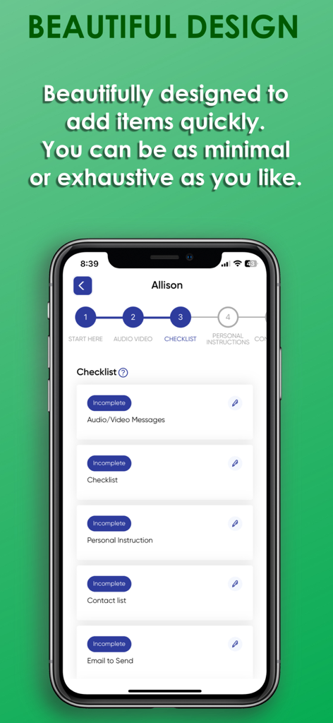 Smartphone screen showing the When I Die app legacy planning checklist with sections for messages and instructions