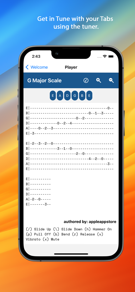 Guitar Tab Creator Player mobile app showing a guitar tablature for practicing scales