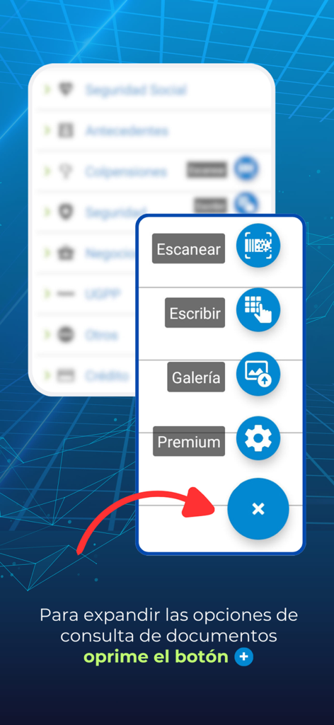 Verifiquese Cedula - スキャン、入力、またはギャラリーからドキュメント画像のアップロードのための拡張オプションを示すVerifíquese Cédulaアプリのインターフェース。