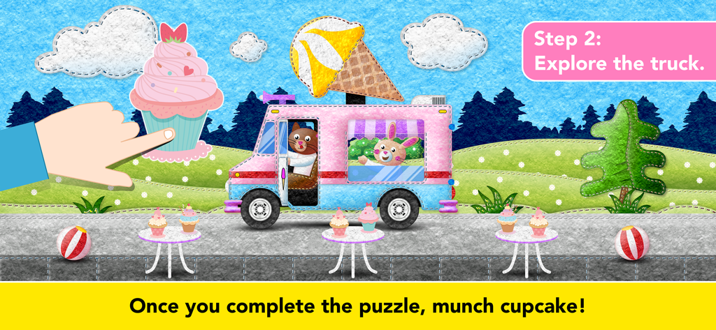 Un colorato camioncino dei gelati con un gatto conducente e un coniglio passeggero in un gioco di puzzle per bambini.