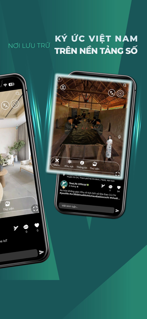 Two smartphones displaying the YooLife app with virtual reality views of Vietnamese cultural heritage and historical sites.