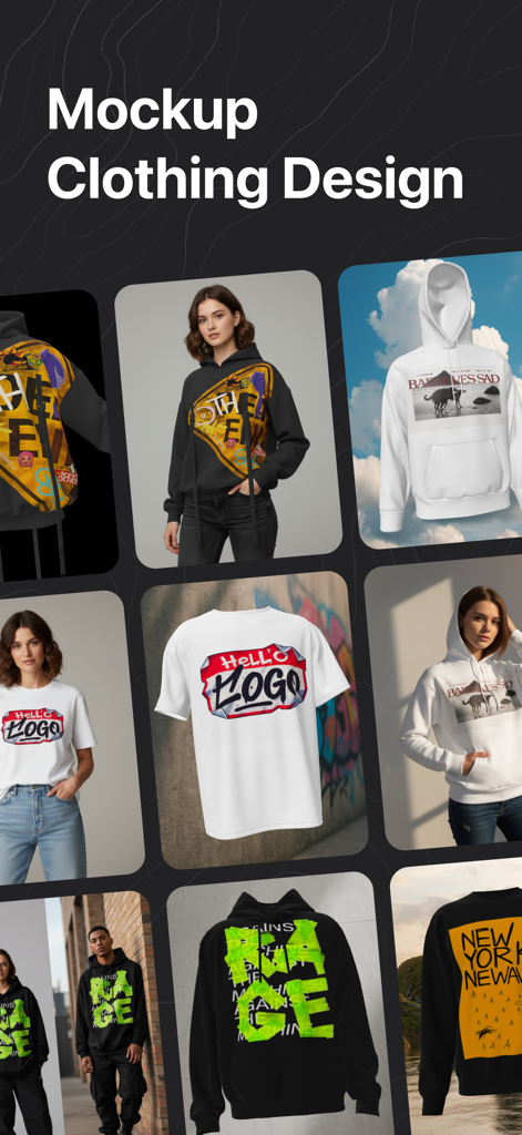 カスタムグラフィック付きのリアルなTシャツとパーカーのデザインモックアップのコラージュ