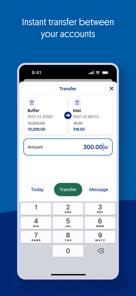 SpareBank 1 Mobilbank - A screenshot of the SpareBank 1 Mobilbank app showing the interface for an instant money transfer between a buffer and food account