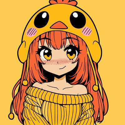 anime girl with chick shaped hat with sweater with bare shoulders with bangs covering them one eye with low tail