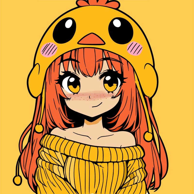 anime girl with chick shaped hat with sweater with bare shoulders with bangs covering them one eye with low tail