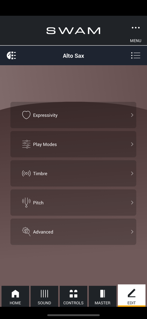 SWAM Alto Sax - SWAM Alto Sax app interface showing sound editing categories like expressivity timbre and pitch.