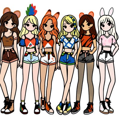 a group of girls wearing crop tops and shorts