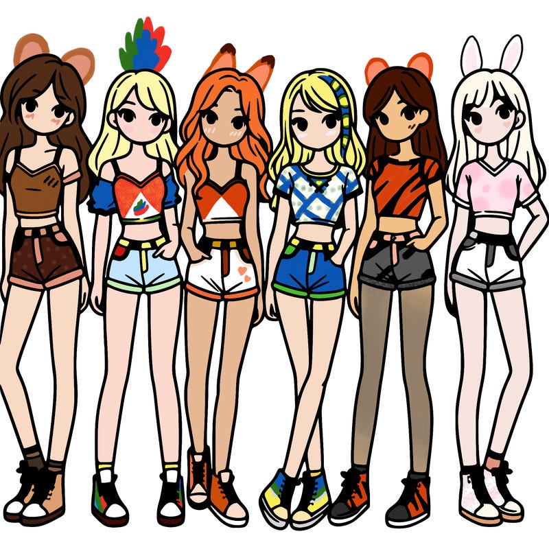 a group of girls wearing crop tops and shorts