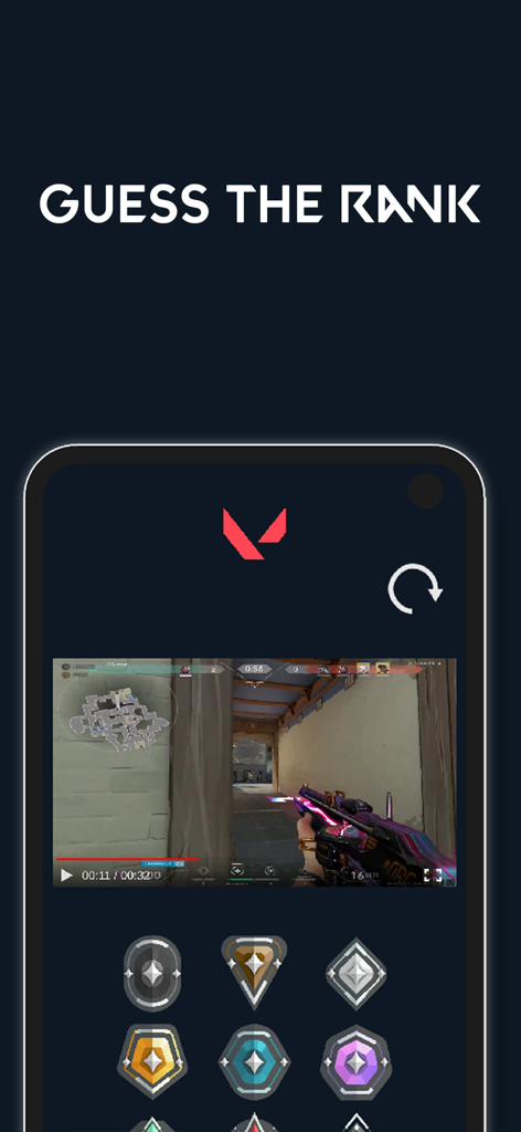 Screen showing a Valorant video clip and rank icons for guessing player level