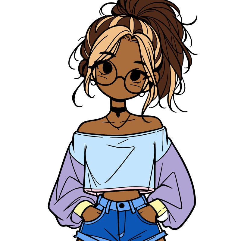 girl with a messy ponytail glasses a baggy crop top and jean shorts