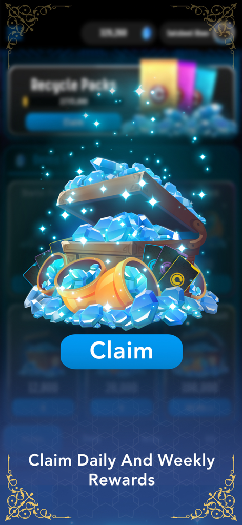 Carrom | كيرم Online Pool Game - Un cofre del tesoro desbordante de diamantes azules y un botón de reclamación para recompensas diarias y semanales en Carrom Online.