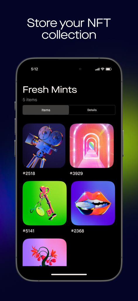 Robinhood Wallet의 모바일 인터페이스에 'Fresh Mints' 헤딩 아래 다채로운 NFT 디지털 수집품 갤러리가 표시됩니다.