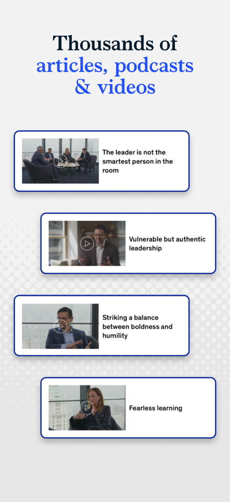 McKinsey Insights - A selection of leadership and professional development video thumbnails from the McKinsey Insights app