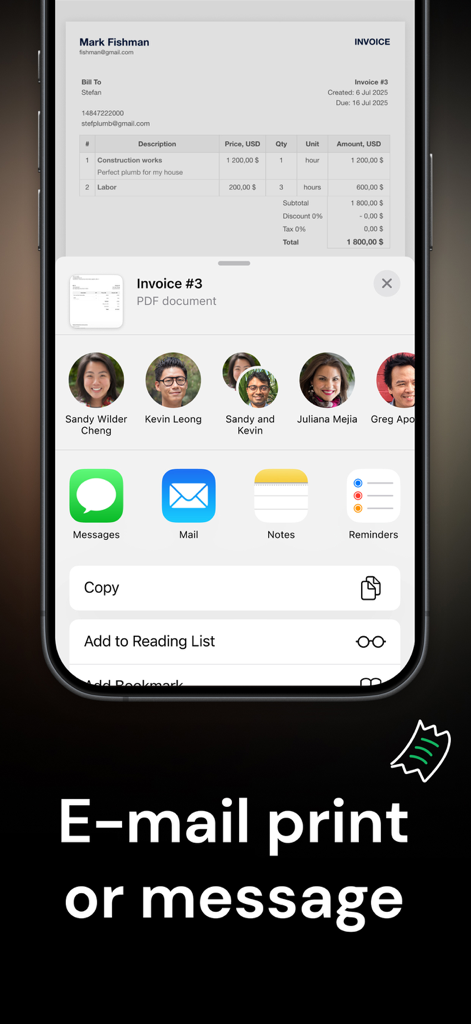 Invoice & Estimate Maker・Billo - Interfaccia iOS che mostra le opzioni per condividere una fattura professionale tramite e-mail e app di messaggistica