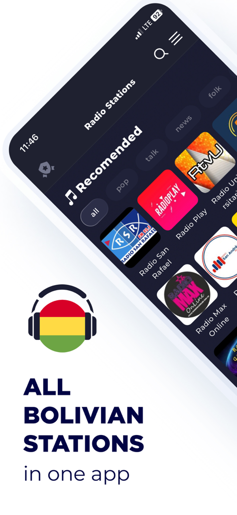 Radio Bolivia - Online Radio - Écran d'application mobile montrant des stations de radio boliviennes recommandées avec des catégories pour la musique pop et folklorique.