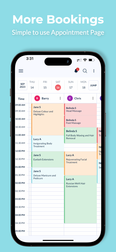 Simple Salon - A mobile phone displaying the Simple Salon app appointment calendar with scheduled bookings for different staff members.