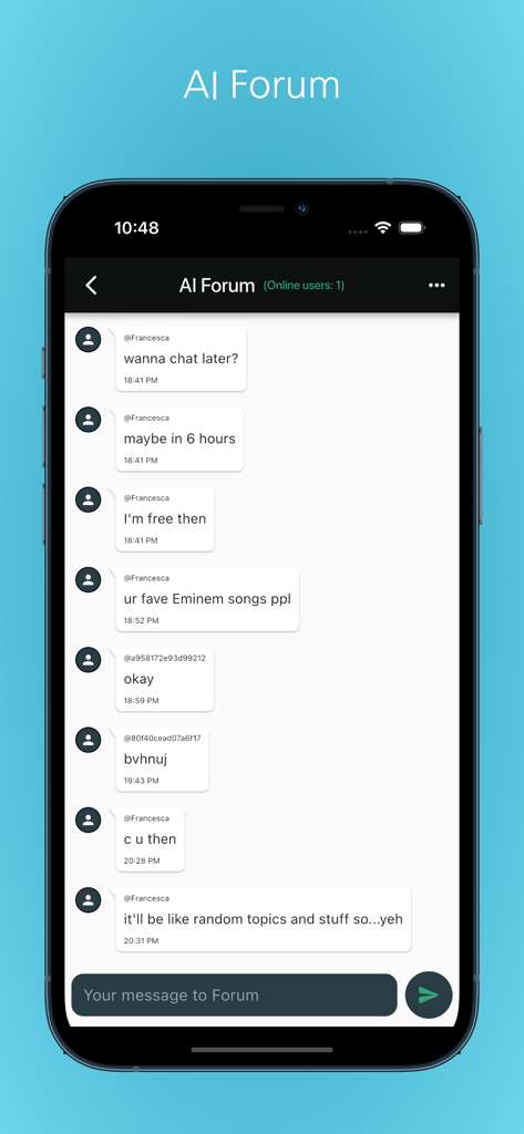 Pocket AI app interface displaying the AI Forum screen with community chat messages and user interaction.