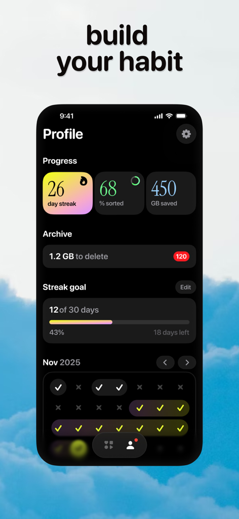Picnic app profile screen displaying a 26-day habit streak and storage saved statistics