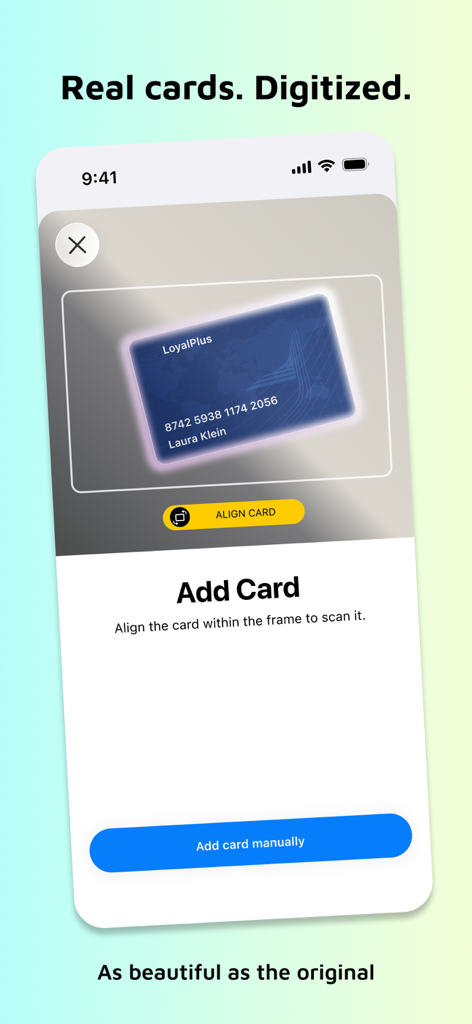 WalletCard – Loyalty Cards - Smartphone interface showing the scan feature to digitize a physical loyalty card in the WalletCard app