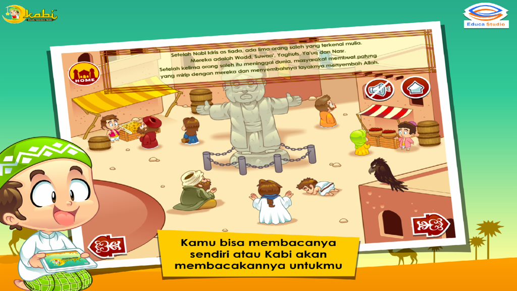 Kisah Nabi Nuh AS - An illustrated scene from the Kisah Nabi Nuh AS app showing characters in a historical village setting with interactive reading options.