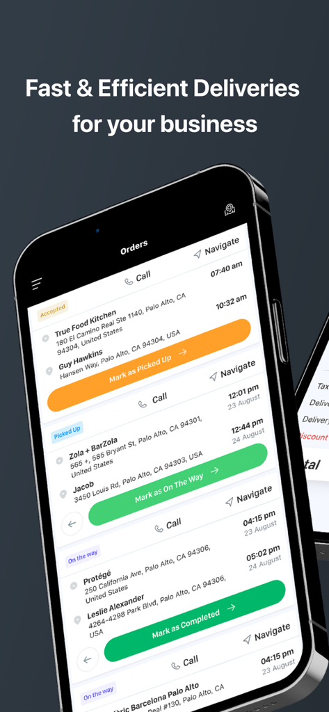 Pantalla de teléfono inteligente que muestra la cola de pedidos de entrega de My Driver App con botones de actualización de estado y opciones de navegación