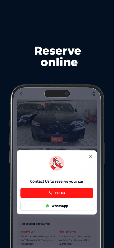 A mobile phone displaying the Carly app's online car reservation screen with contact options and a BMW car listing.