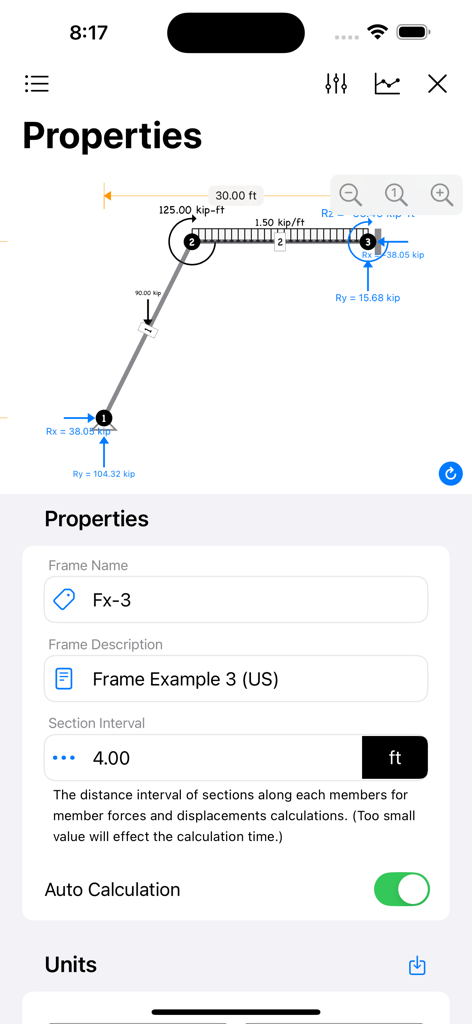 A-Projects app interface displaying a structural frame diagram with calculated forces and property settings