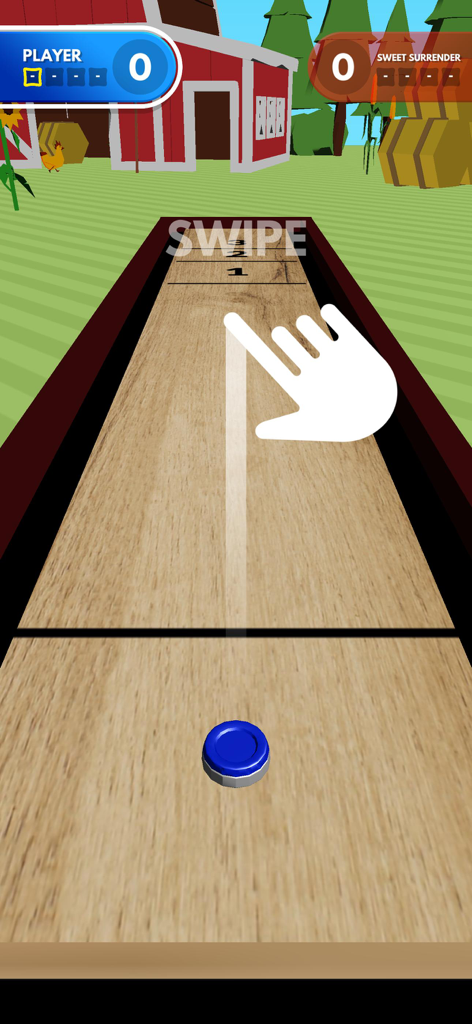Shuffleboard Challenge - Interfaz de juego de Shuffleboard Challenge con un disco azul e instrucciones de deslizar para jugar en una cancha de madera