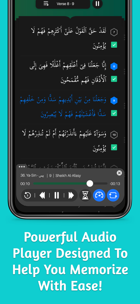 Memorize Easily | Muslim Pal® - The Muslim Pal app interface showing Quranic verses with an integrated audio player for memorization