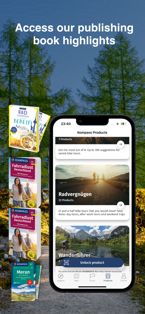 KOMPASS Outdoor & Hiking Maps - Smartphone screen showing digital hiking and cycling guides from Kompass publishing.