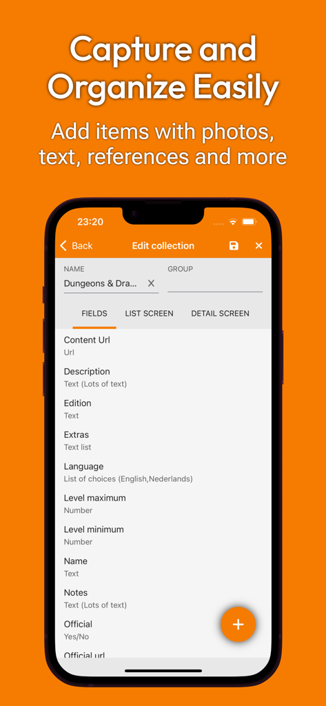 My Collections: Collect & Show - Mobile app interface for capturing and organizing collection items with custom data fields.