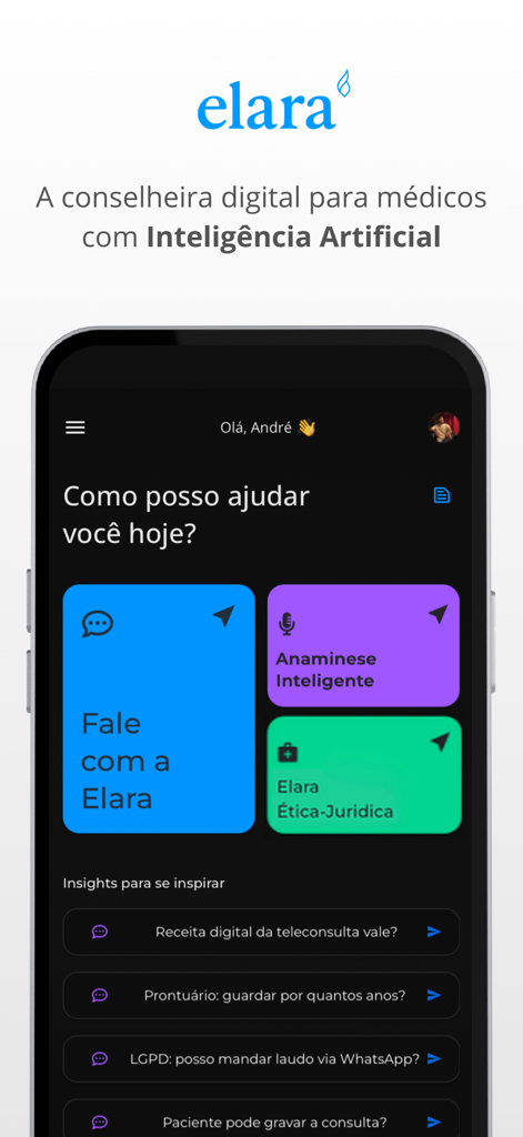 Elara IA - Interface of the Elara IA medical assistant app for doctors showing smart anamnesis and clinical chat options