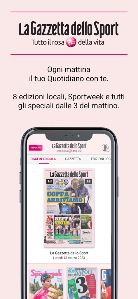 Gazzetta Reader app showing the front page of the Italian sports newspaper on a mobile screen