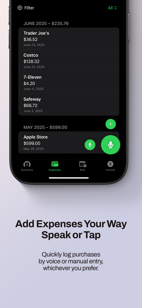 A mobile app interface displaying a list of recent expenses with a prominent green microphone button for voice-to-text logging.