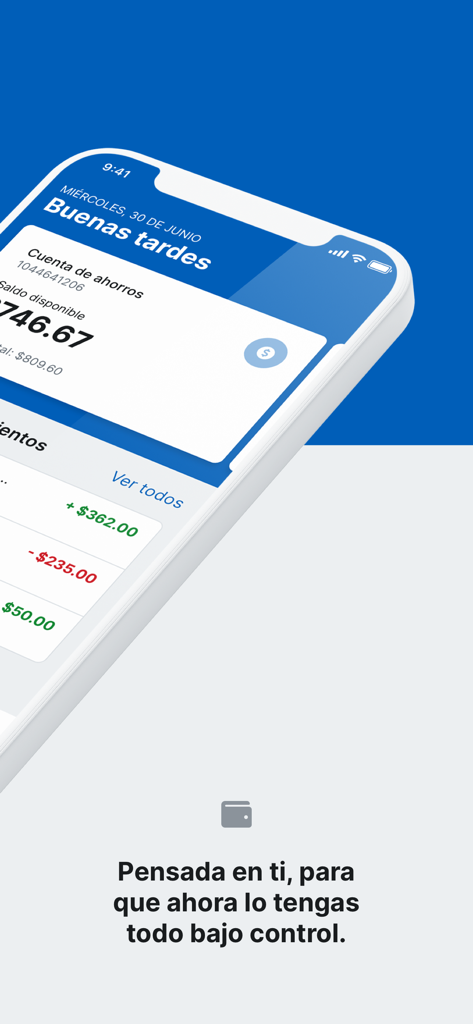 Banco del Pacífico - Aplicación de banca móvil de Banco del Pacífico mostrando el saldo de una cuenta de ahorros y el historial de transacciones en una pantalla de iPhone.